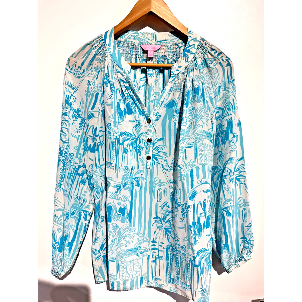 Lilly Pulitzer White and Turquoise Blue Printed Peasant Blouse